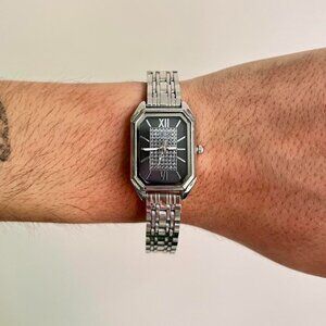 y2k vintage style black face rectangle stainless steel quartz watch